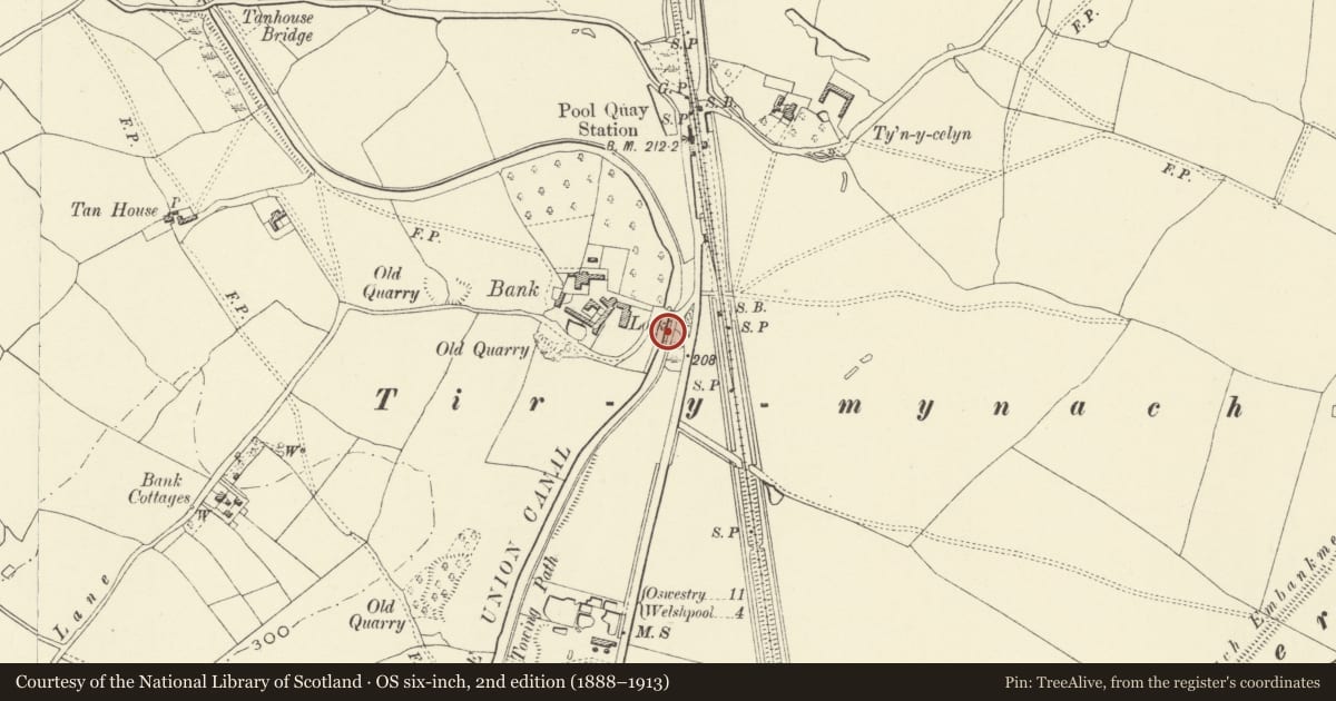 Ordnance Survey six-inch map, 2nd edition (1888–1913) covering the location of Bank Lock, Welshpool, Powys, with a pin at the register's coordinates