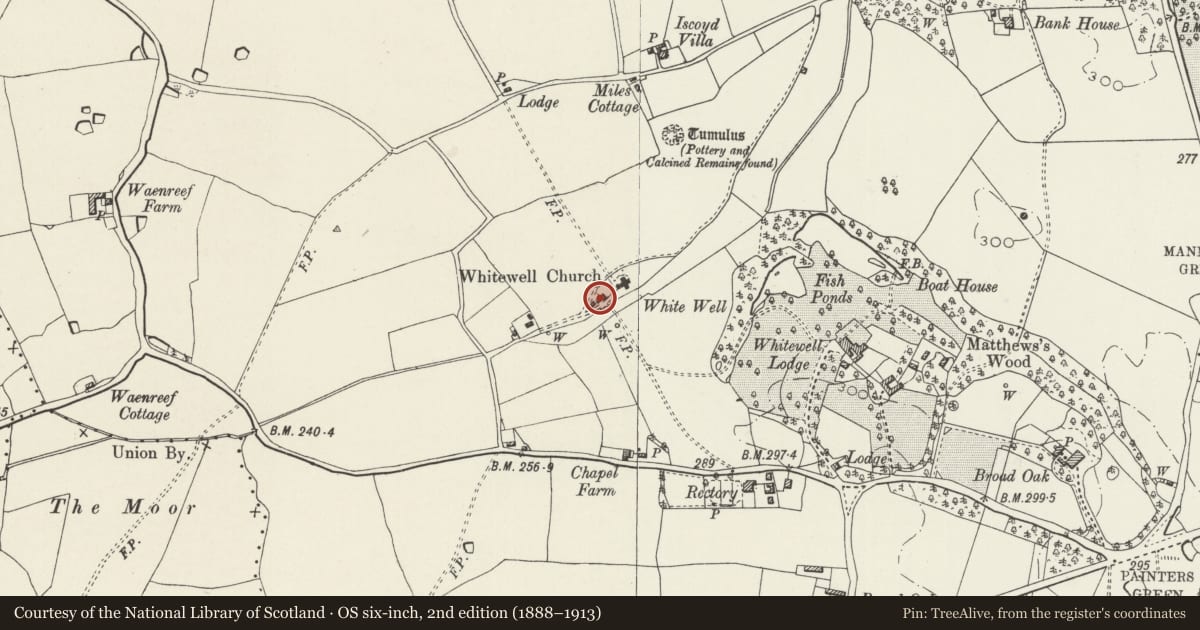 Ordnance Survey six-inch map, 2nd edition (1888–1913) covering the location of Carriage shelter at Whitewell Church, Bronington, Wrexham, with a pin at the register's coordinates