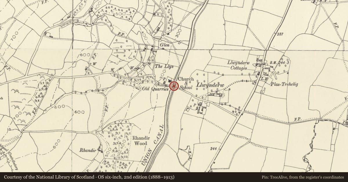 Ordnance Survey six-inch map, 2nd edition (1888–1913) covering the location of Bridge 123 over the Montgomeryshire Canal, Welshpool, Powys, with a pin at the register's coordinates