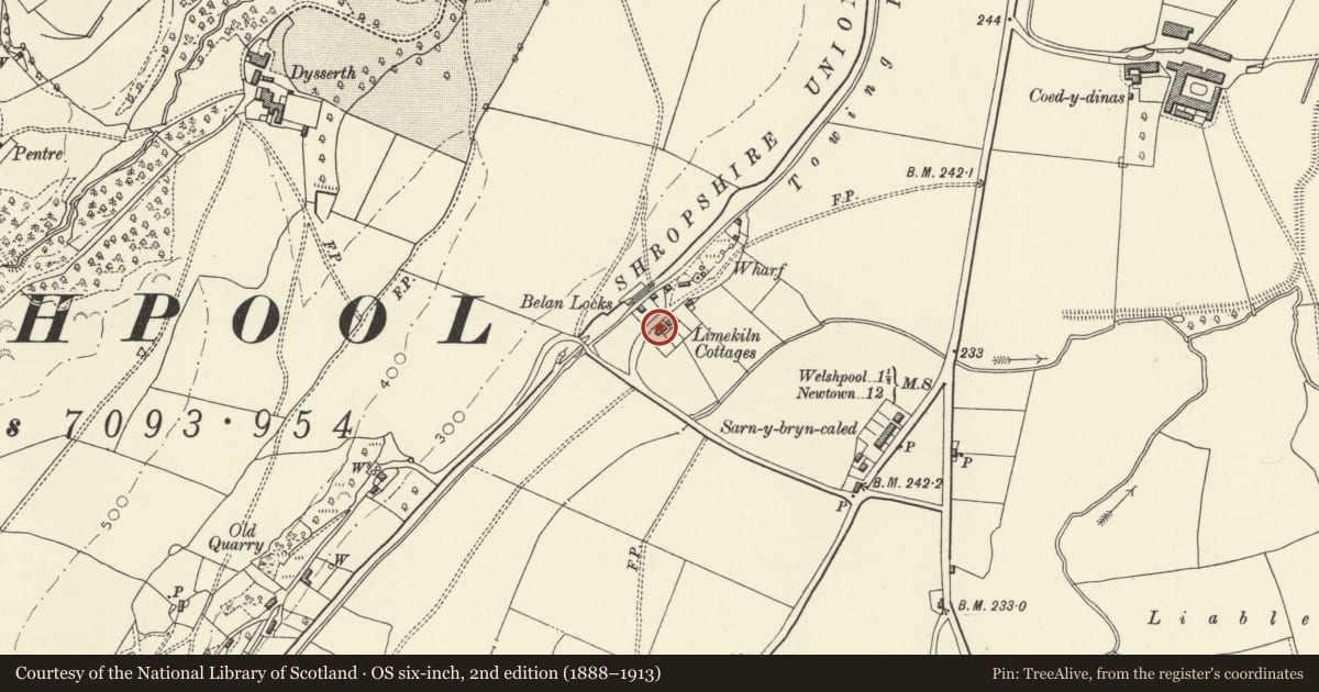 Ordnance Survey six-inch map, 2nd edition (1888–1913) covering the location of No2 Limekiln Cottages, Welshpool, Powys, with a pin at the register's coordinates
