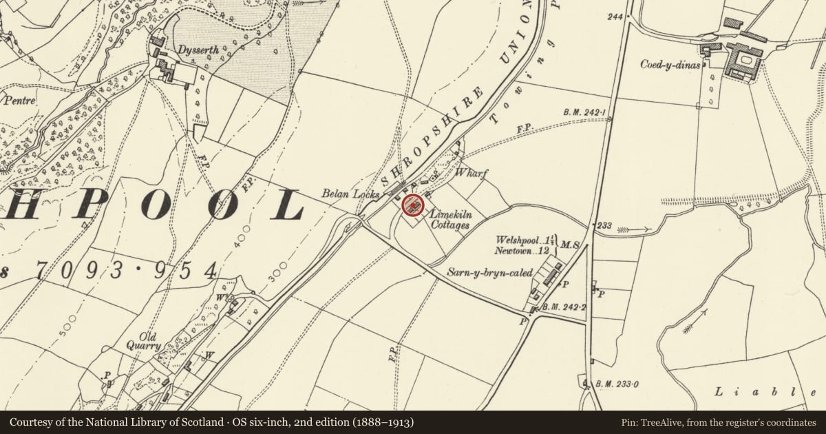 Ordnance Survey six-inch map, 2nd edition (1888–1913) covering the location of No3 Limekiln Cottages, Welshpool, Powys, with a pin at the register's coordinates