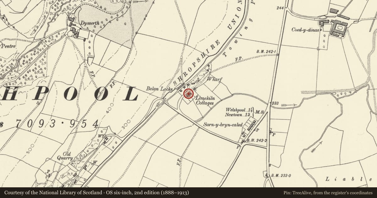 Ordnance Survey six-inch map, 2nd edition (1888–1913) covering the location of No4 Limekiln Cottages, Welshpool, Powys, with a pin at the register's coordinates