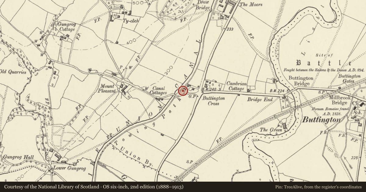 Ordnance Survey six-inch map, 2nd edition (1888–1913) covering the location of Buttington Limekilns, Welshpool, Powys, with a pin at the register's coordinates
