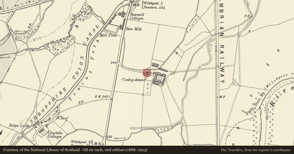 Ordnance Survey six-inch map, 2nd edition (1888–1913) covering the location of Coed-y-dinas Farmhouse, Welshpool, Powys, with a pin at the register's coordinates