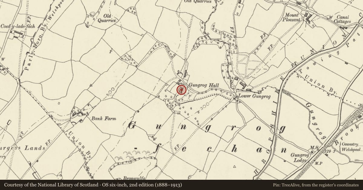 Ordnance Survey six-inch map, 2nd edition (1888–1913) covering the location of No2 Gungrog Hall, Welshpool, Powys, with a pin at the register's coordinates