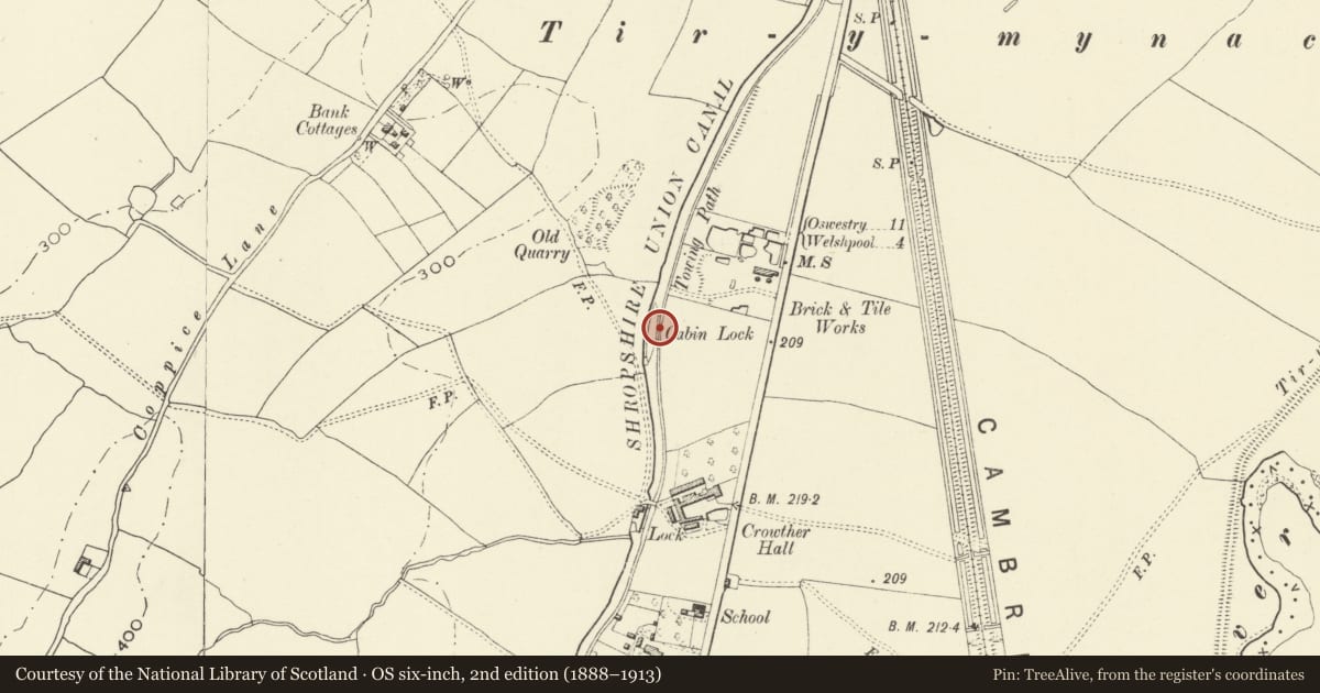Ordnance Survey six-inch map, 2nd edition (1888–1913) covering the location of Cabin Lock, Welshpool, Powys, with a pin at the register's coordinates