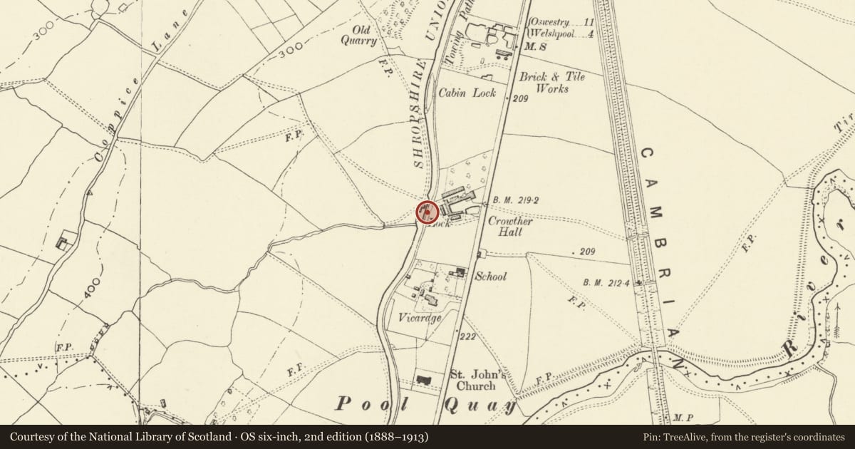 Ordnance Survey six-inch map, 2nd edition (1888–1913) covering the location of Crowther Hall Lock, Welshpool, Powys, with a pin at the register's coordinates