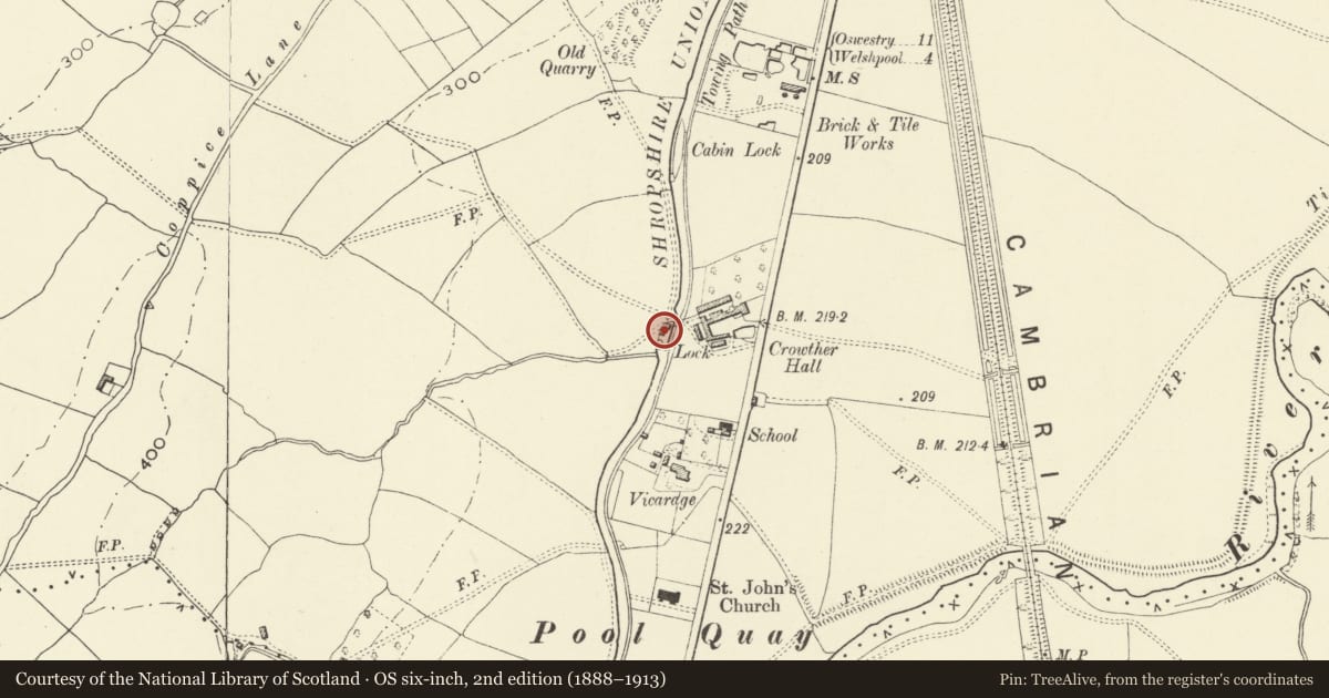 Ordnance Survey six-inch map, 2nd edition (1888–1913) covering the location of Lock Cottage at Crowther Hall Lock, Welshpool, Powys, with a pin at the register's coordinates