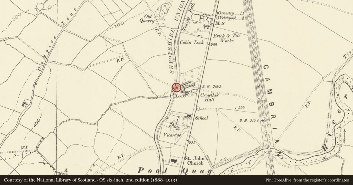 Ordnance Survey six-inch map, 2nd edition (1888–1913) covering the location of Bridge 110 over the Montgomeryshire Canal, Welshpool, Powys, with a pin at the register's coordinates