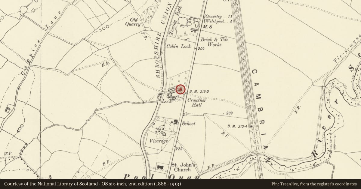 Ordnance Survey six-inch map, 2nd edition (1888–1913) covering the location of Crowther Hall, Welshpool, Powys, with a pin at the register's coordinates
