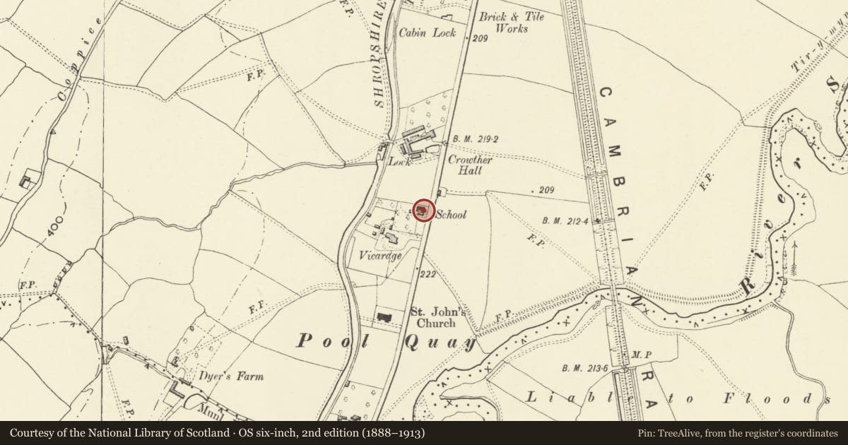Ordnance Survey six-inch map, 2nd edition (1888–1913) covering the location of School House, Welshpool, Powys, with a pin at the register's coordinates