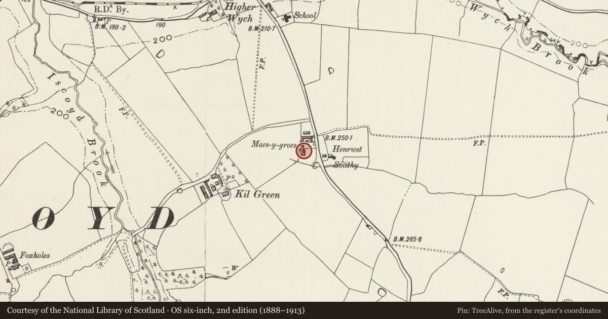 Ordnance Survey six-inch map, 2nd edition (1888–1913) covering the location of Maes-y-Groes Farmhouse, Bronington, Wrexham, with a pin at the register's coordinates