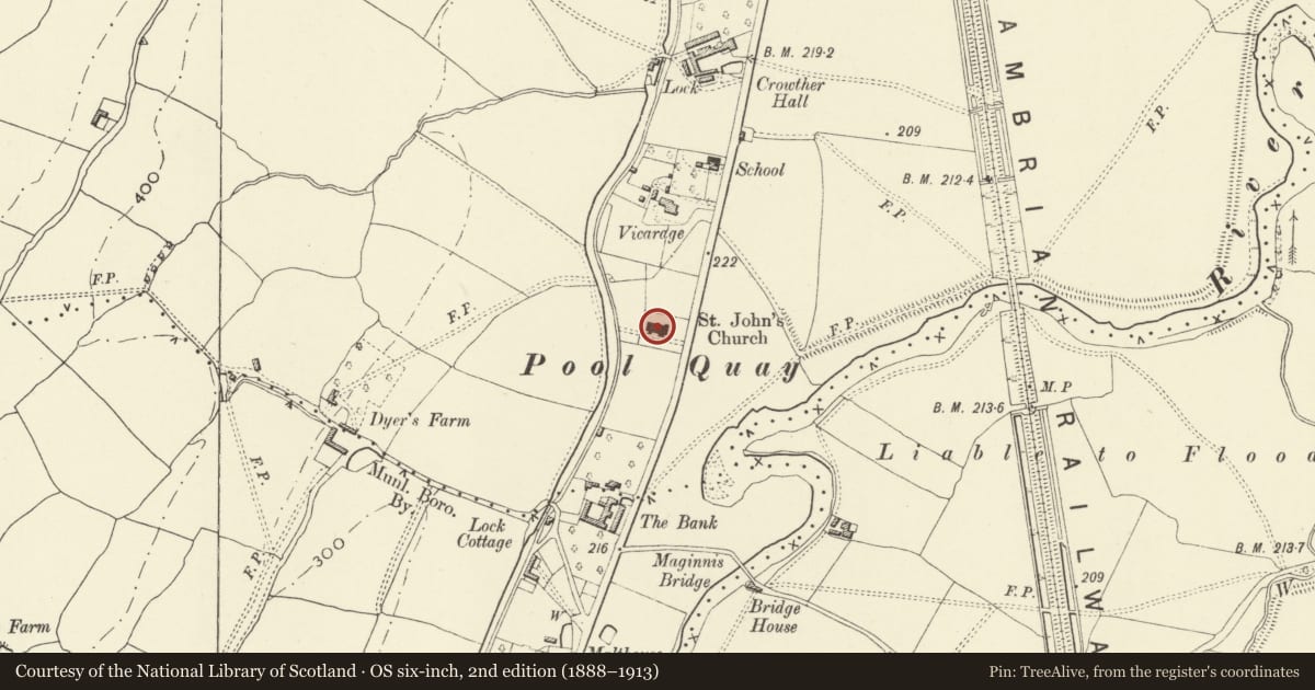 Ordnance Survey six-inch map, 2nd edition (1888–1913) covering the location of Church of Saint John Evangelist, Welshpool, Powys, with a pin at the register's coordinates
