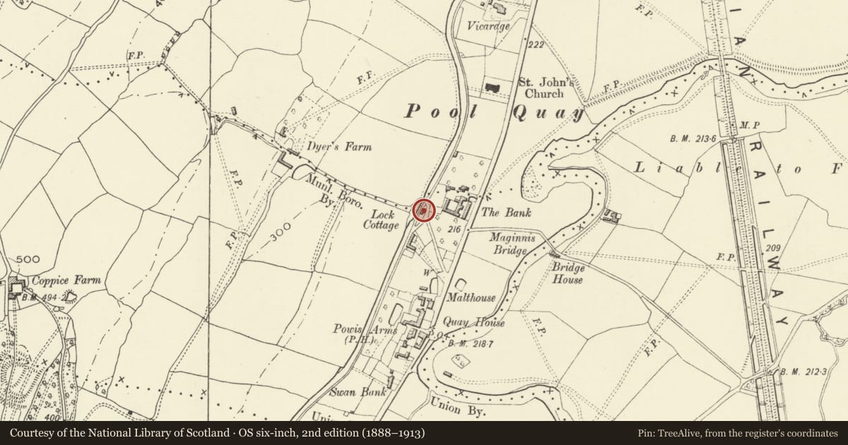 Ordnance Survey six-inch map, 2nd edition (1888–1913) covering the location of Lock Cottage, Welshpool, Powys, with a pin at the register's coordinates