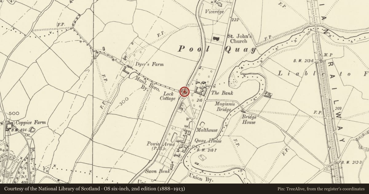 Ordnance Survey six-inch map, 2nd edition (1888–1913) covering the location of Top Lock, Welshpool, Powys, with a pin at the register's coordinates