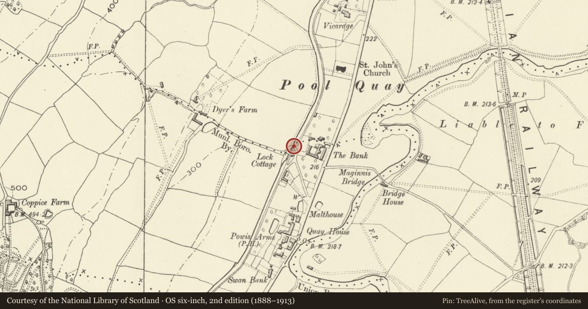 Ordnance Survey six-inch map, 2nd edition (1888–1913) covering the location of Bridge 111 over the Montgomeryshire Canal, Welshpool, Powys, with a pin at the register's coordinates