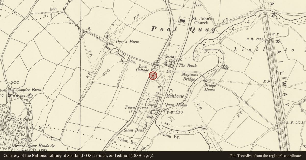 Ordnance Survey six-inch map, 2nd edition (1888–1913) covering the location of Ivy House with outbuildings, Welshpool, Powys, with a pin at the register's coordinates