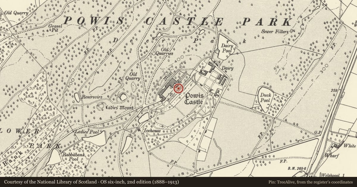 Ordnance Survey six-inch map, 2nd edition (1888–1913) covering the location of Aviary Terrace in Powis Castle Gardens, Welshpool, Powys, with a pin at the register's coordinates