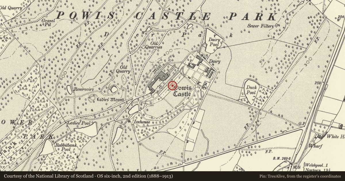 Ordnance Survey six-inch map, 2nd edition (1888–1913) covering the location of Apple Slope Terrace in Gardens at Powis Castle, Welshpool, Powys, with a pin at the register's coordinates