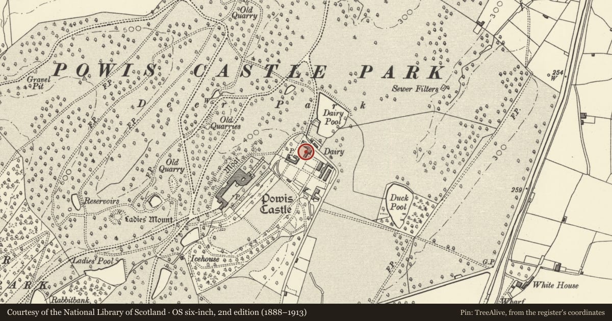 Ordnance Survey six-inch map, 2nd edition (1888–1913) covering the location of No 2 Park Houses, Welshpool, Powys, with a pin at the register's coordinates