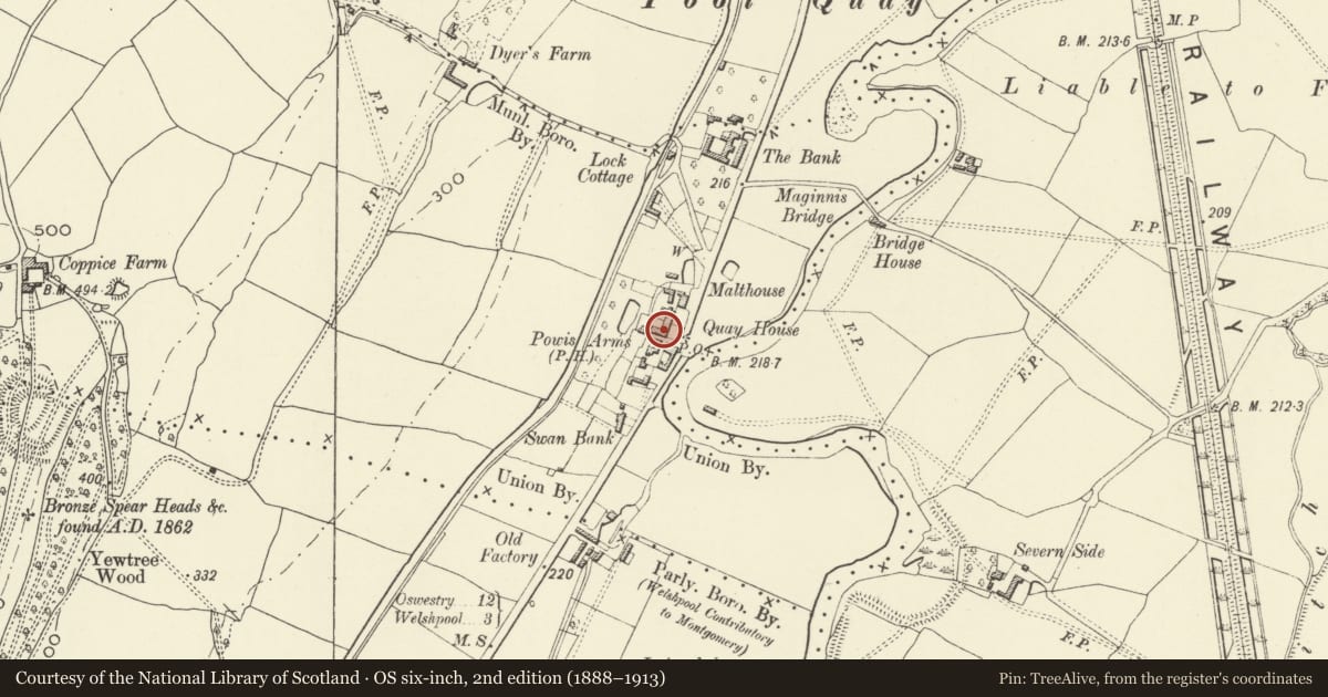 Ordnance Survey six-inch map, 2nd edition (1888–1913) covering the location of Severn View, Welshpool, Powys, with a pin at the register's coordinates