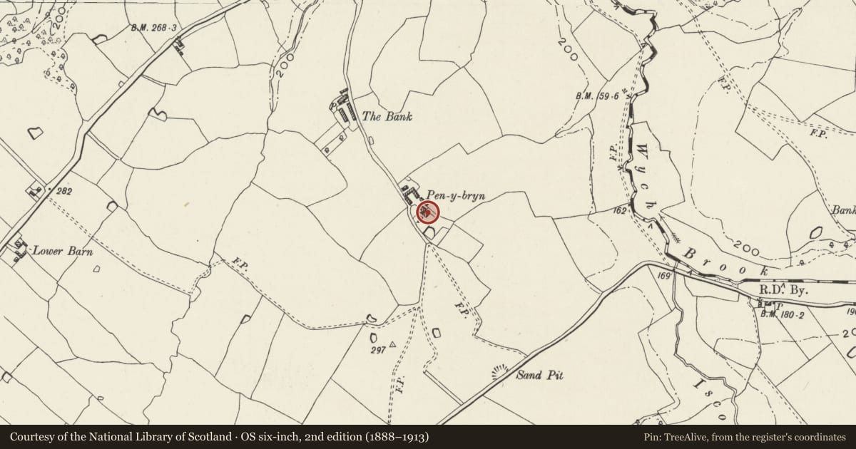 Ordnance Survey six-inch map, 2nd edition (1888–1913) covering the location of Pen-y-bryn, Bronington, Wrexham, with a pin at the register's coordinates