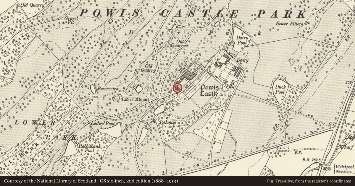 Ordnance Survey six-inch map, 2nd edition (1888–1913) covering the location of Outer Gateway at Powis Castle, Welshpool, Powys, with a pin at the register's coordinates