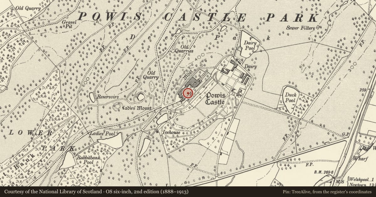 Ordnance Survey six-inch map, 2nd edition (1888–1913) covering the location of Retaining wall to courtyard at Powis Castle, Welshpool, Powys, with a pin at the register's coordinates