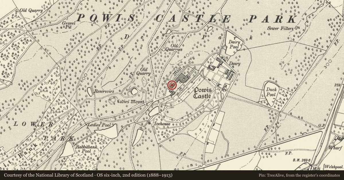 Ordnance Survey six-inch map, 2nd edition (1888–1913) covering the location of Ballroom Range at Powis Castle, Welshpool, Powys, with a pin at the register's coordinates