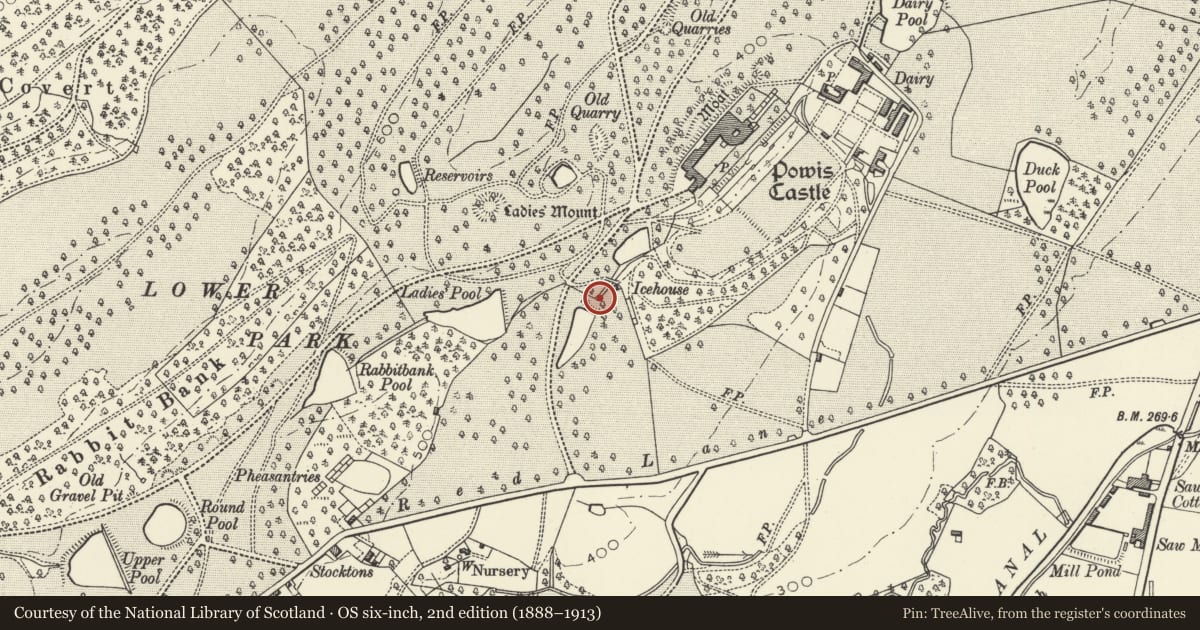 Ordnance Survey six-inch map, 2nd edition (1888–1913) covering the location of Ice House in Garden at Powis Castle, Welshpool, Powys, with a pin at the register's coordinates