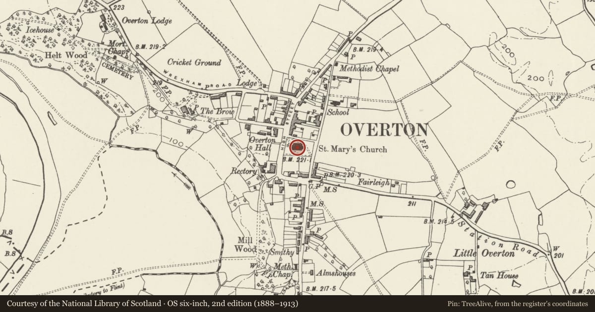 Ordnance Survey six-inch map, 2nd edition (1888–1913) covering the location of Church of Saint Mary, Overton, Wrexham, with a pin at the register's coordinates