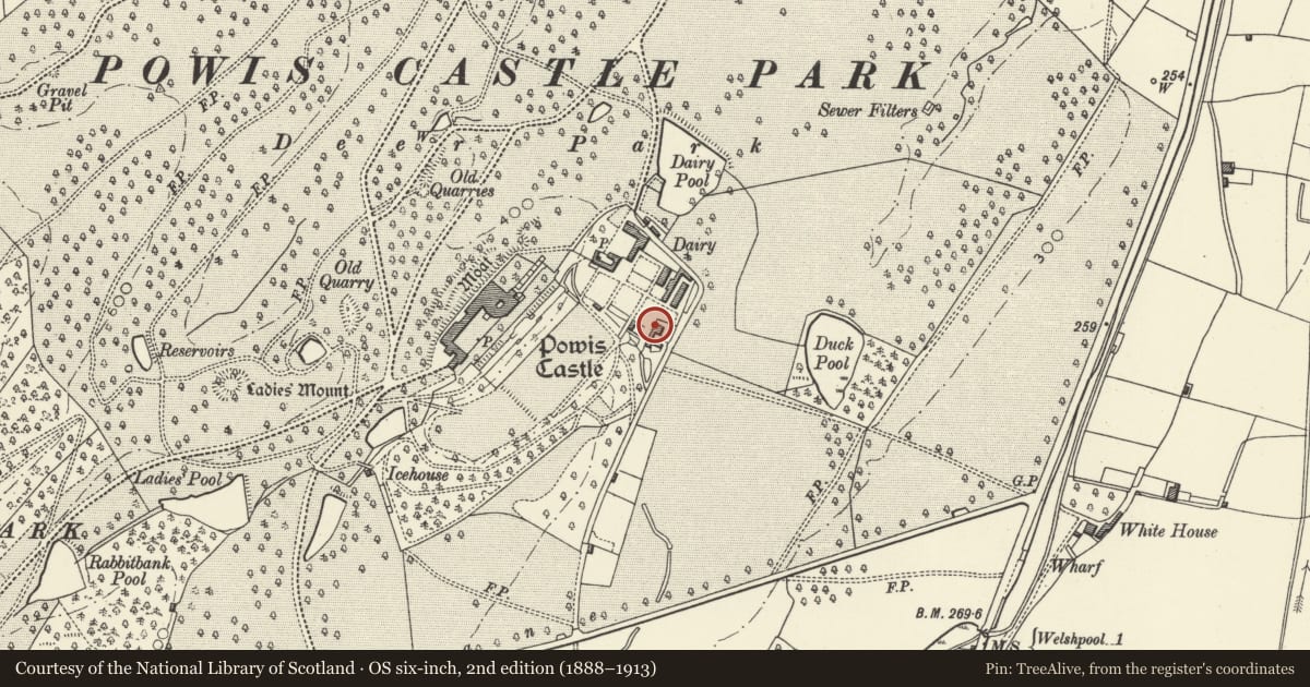 Ordnance Survey six-inch map, 2nd edition (1888–1913) covering the location of The Garden House, Welshpool, Powys, with a pin at the register's coordinates