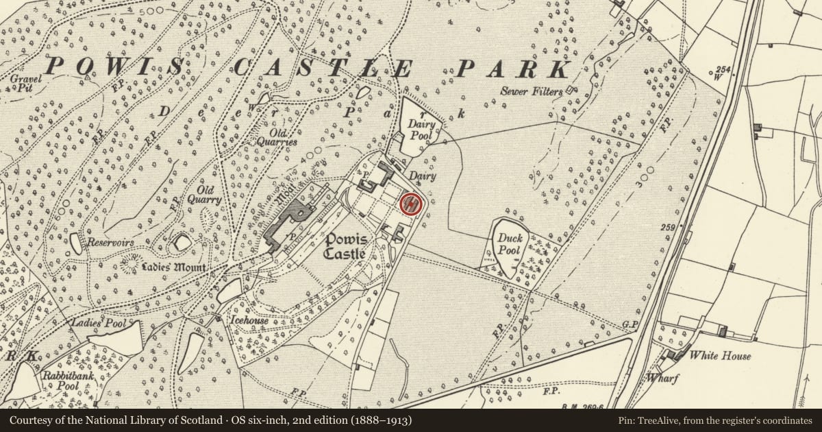 Ordnance Survey six-inch map, 2nd edition (1888–1913) covering the location of Sundial in Fountain Garden at Powis Castle, Welshpool, Powys, with a pin at the register's coordinates