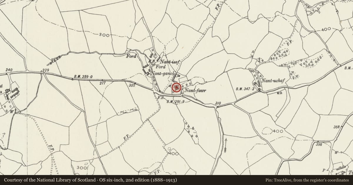 Ordnance Survey six-inch map, 2nd edition (1888–1913) covering the location of Nant Fawr, Betws Yn Rhos, Conwy, with a pin at the register's coordinates