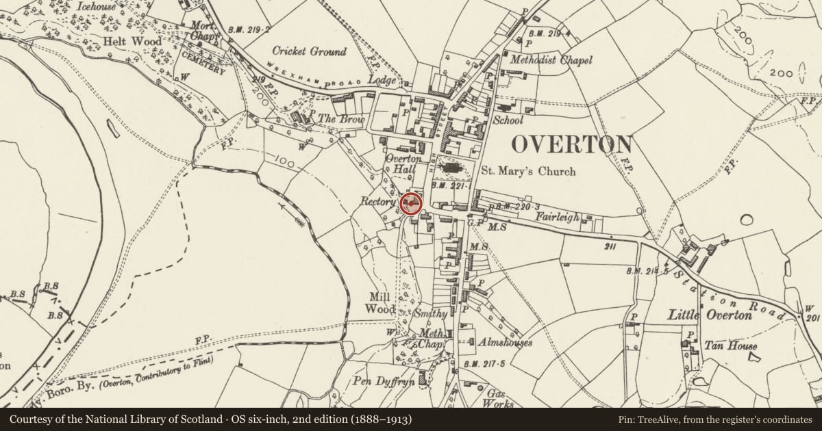 Ordnance Survey six-inch map, 2nd edition (1888–1913) covering the location of Saint Mary's House, Overton, Wrexham, with a pin at the register's coordinates