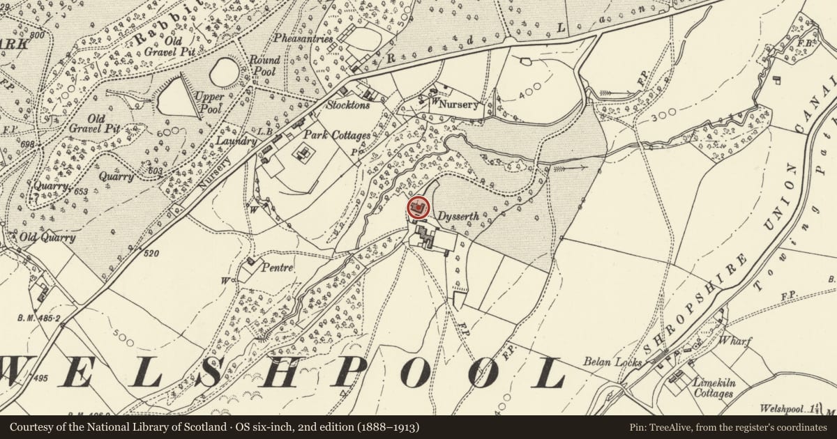 Ordnance Survey six-inch map, 2nd edition (1888–1913) covering the location of Dysserth Hall, Welshpool, Powys, with a pin at the register's coordinates