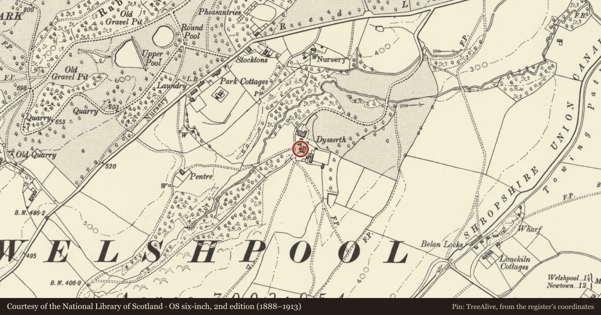 Ordnance Survey six-inch map, 2nd edition (1888–1913) covering the location of Former stables and coach house at Dysserth Hall, Welshpool, Powys, with a pin at the register's coordinates