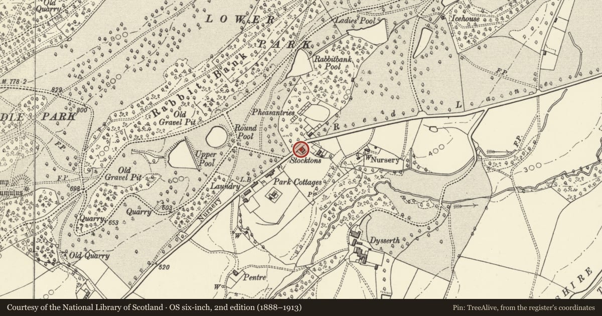 Ordnance Survey six-inch map, 2nd edition (1888–1913) covering the location of Stockton House, Welshpool, Powys, with a pin at the register's coordinates