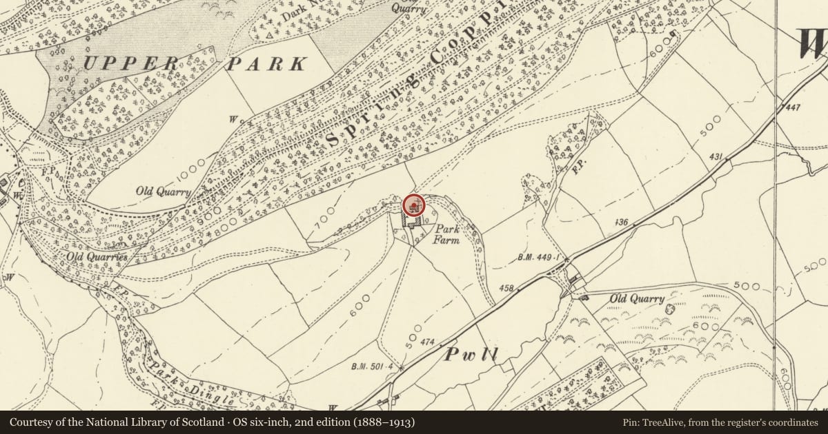 Ordnance Survey six-inch map, 2nd edition (1888–1913) covering the location of Park Farmhouse, Welshpool, Powys, with a pin at the register's coordinates