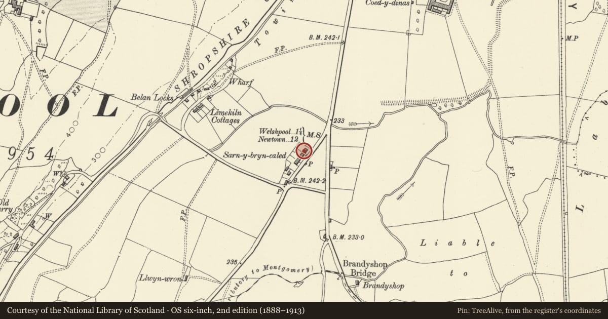 Ordnance Survey six-inch map, 2nd edition (1888–1913) covering the location of No 2 Sarn-y-bryn-caled Cottages, Welshpool, Powys, with a pin at the register's coordinates