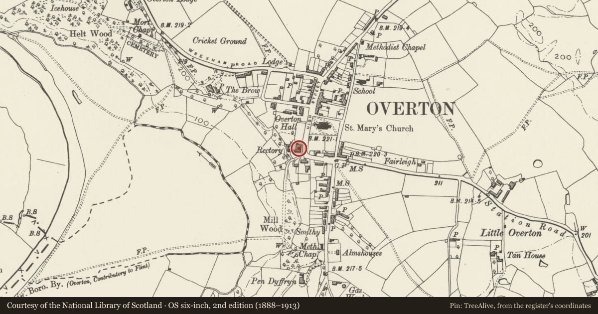 Ordnance Survey six-inch map, 2nd edition (1888–1913) covering the location of Bryn-y-Pys Estate Office, Overton, Wrexham, with a pin at the register's coordinates