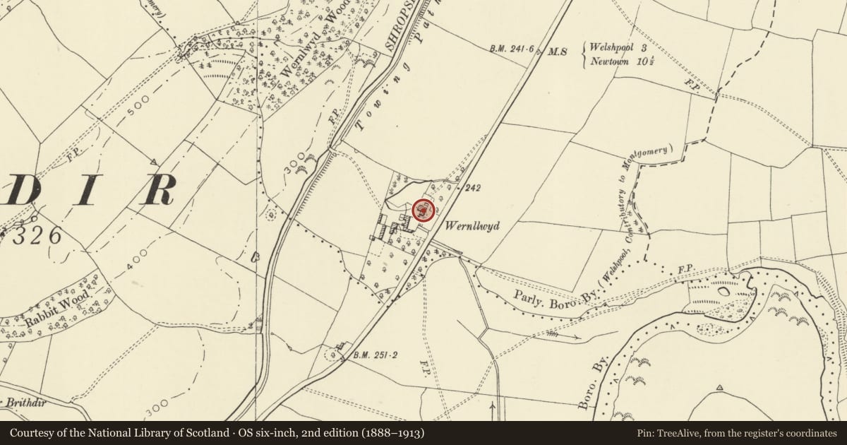 Ordnance Survey six-inch map, 2nd edition (1888–1913) covering the location of Wernllwyd Farmhouse, Welshpool, Powys, with a pin at the register's coordinates