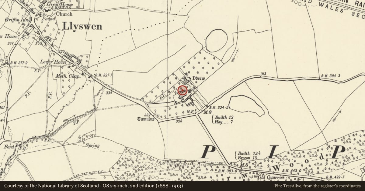 Ordnance Survey six-inch map, 2nd edition (1888–1913) covering the location of Barn at W side of farmyard at Y Dderw, Bronllys, Powys, with a pin at the register's coordinates
