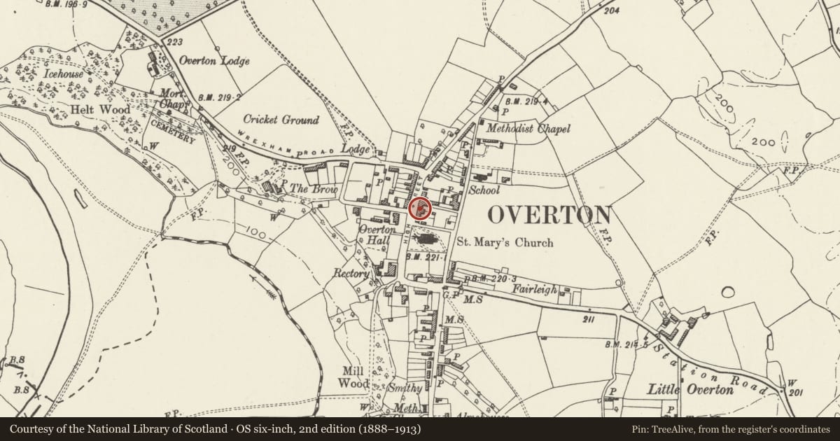 Ordnance Survey six-inch map, 2nd edition (1888–1913) covering the location of White Cottage, Overton, Wrexham, with a pin at the register's coordinates