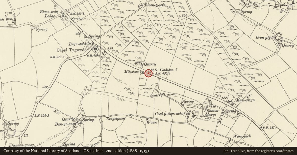 Ordnance Survey six-inch map, 2nd edition (1888–1913) covering the location of Milestone on B4570 SE of Capel Tygwydd, Beulah, Ceredigion, with a pin at the register's coordinates