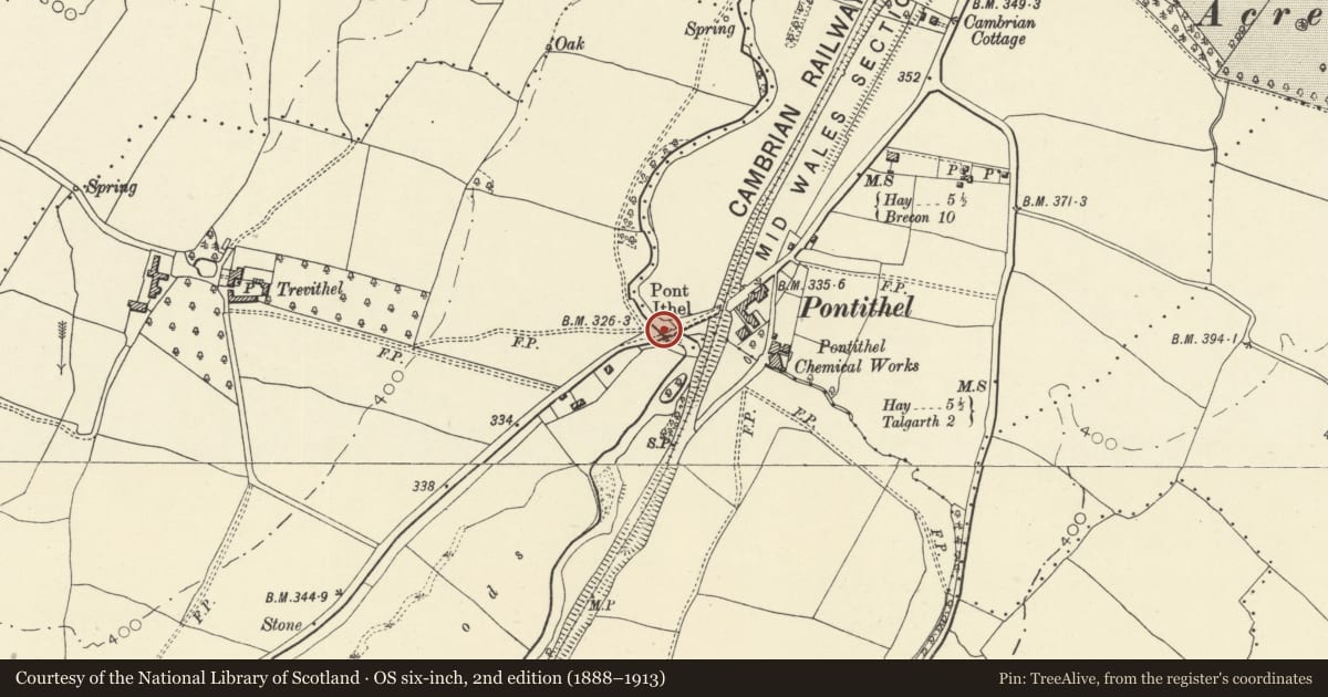 Ordnance Survey six-inch map, 2nd edition (1888–1913) covering the location of Pontithel (partly in Gwernyfed community), Bronllys, Powys, with a pin at the register's coordinates