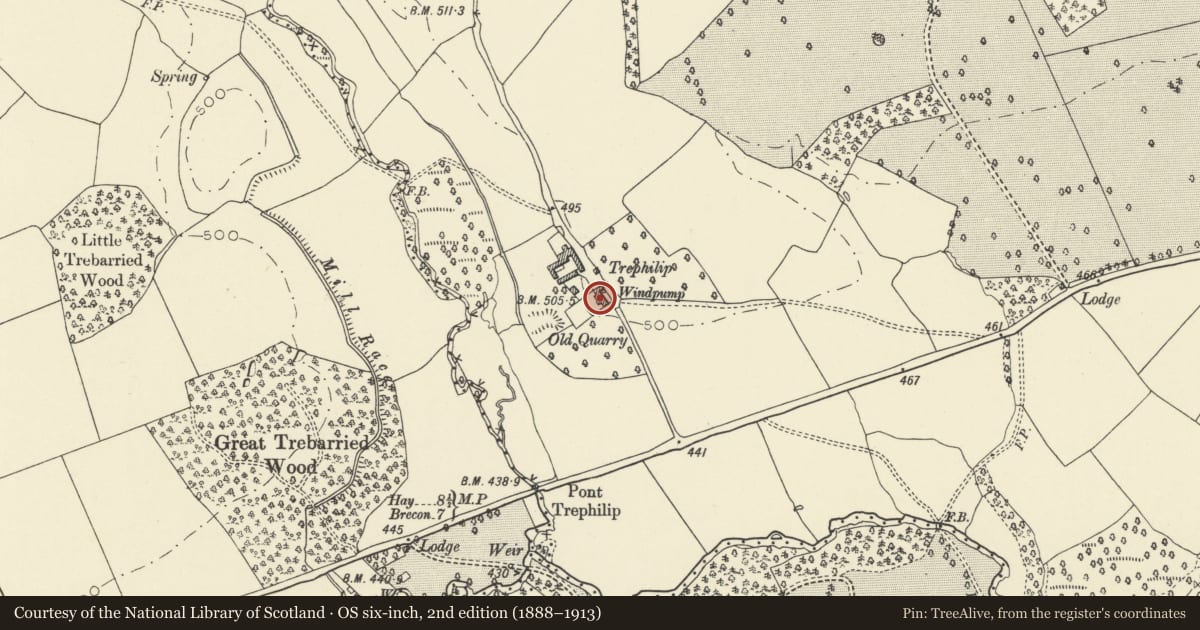 Ordnance Survey six-inch map, 2nd edition (1888–1913) covering the location of Trephilip Farmhouse, Bronllys, Powys, with a pin at the register's coordinates