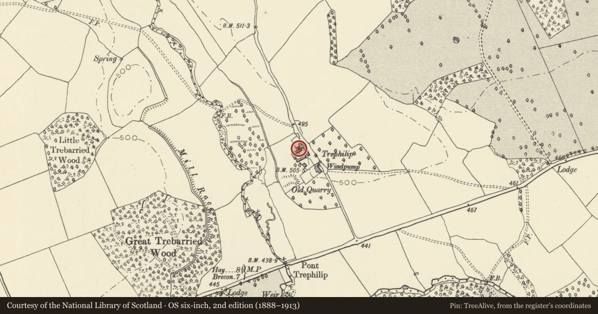 Ordnance Survey six-inch map, 2nd edition (1888–1913) covering the location of Farmyard buildings at Trephilip, Bronllys, Powys, with a pin at the register's coordinates