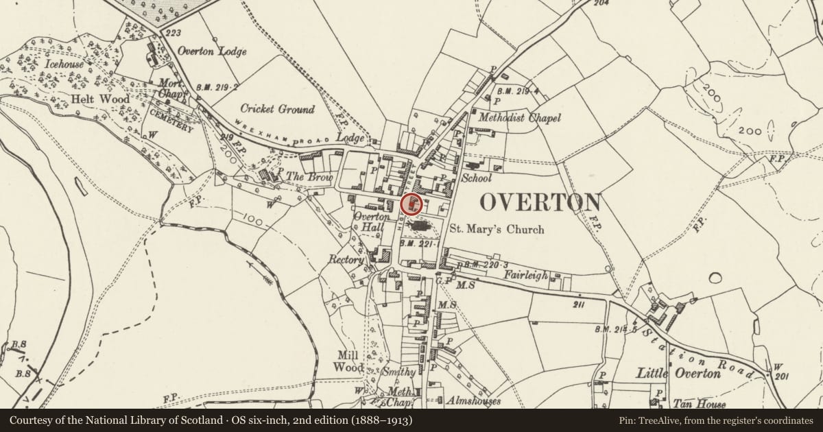 Ordnance Survey six-inch map, 2nd edition (1888–1913) covering the location of 17 High Street, Overton, Wrexham, with a pin at the register's coordinates