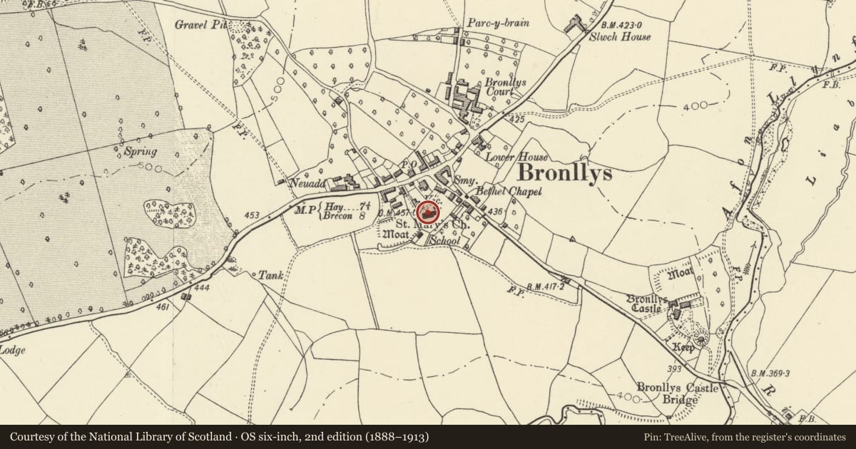 Ordnance Survey six-inch map, 2nd edition (1888–1913) covering the location of Church of St. Mary, Bronllys, Powys, with a pin at the register's coordinates